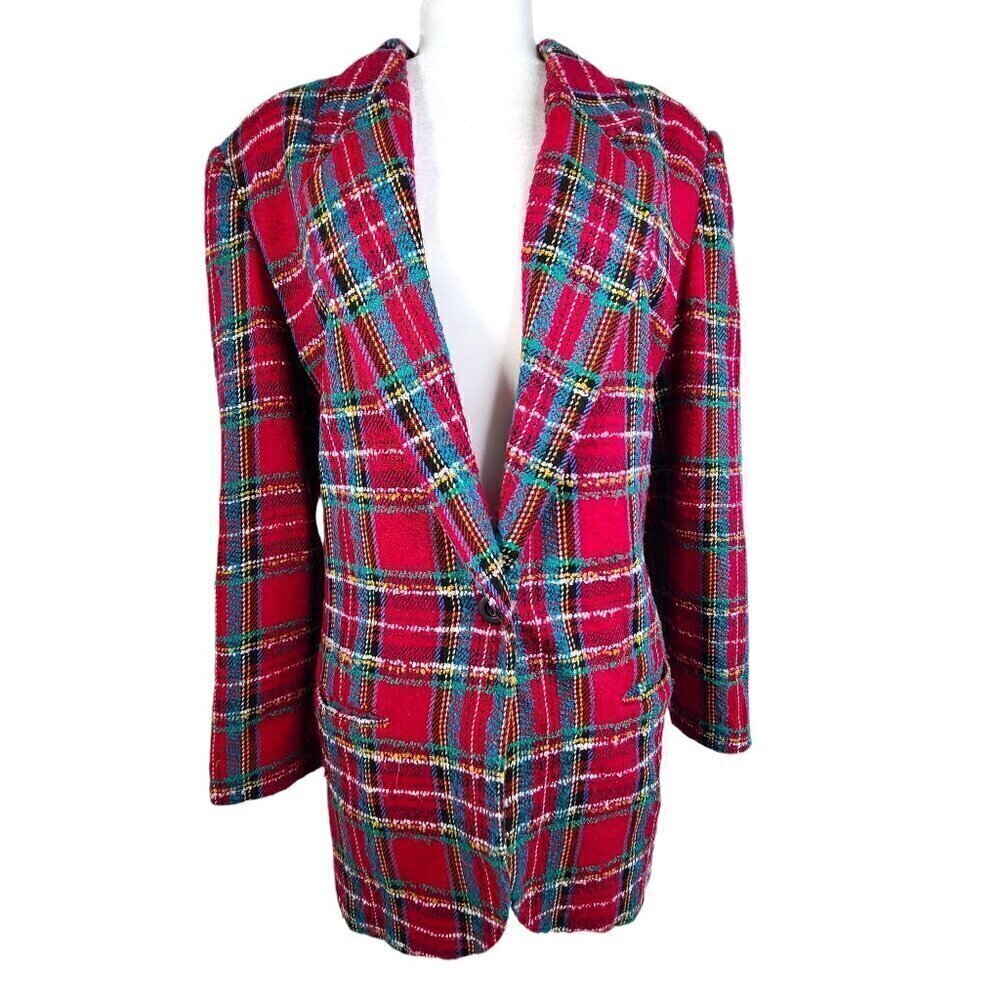 Vintage Michele Burgundy Plaid Tweed One Button Wool Blend Blazer